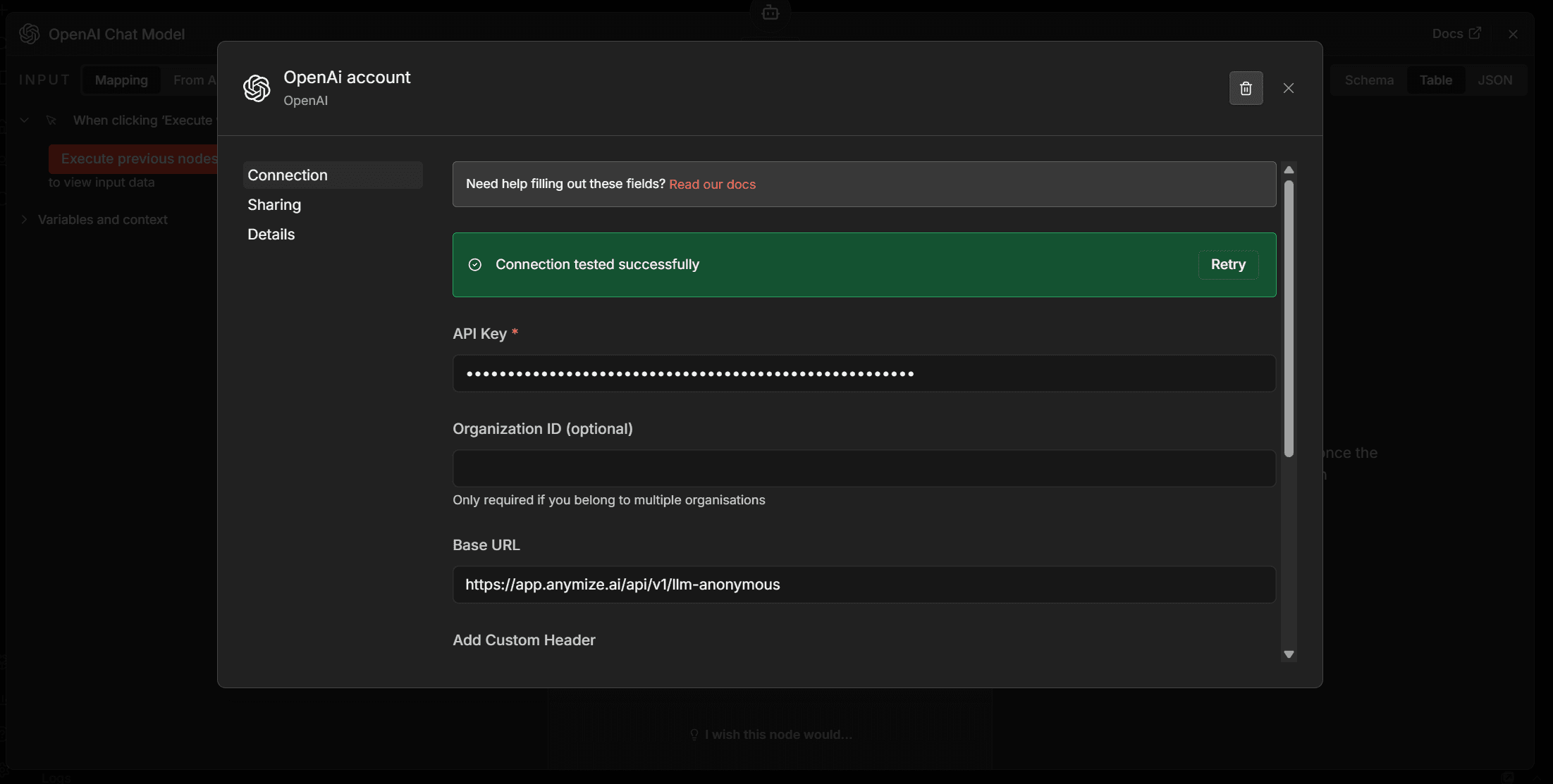 n8n OpenAI Chat Node with anymize Base URL